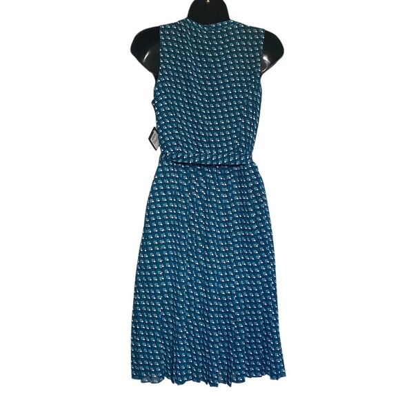 Halogen Teal Blue Square Print Sleeveless Dress Pleated Skirt Sz 4P NWT - Picture 2 of 6